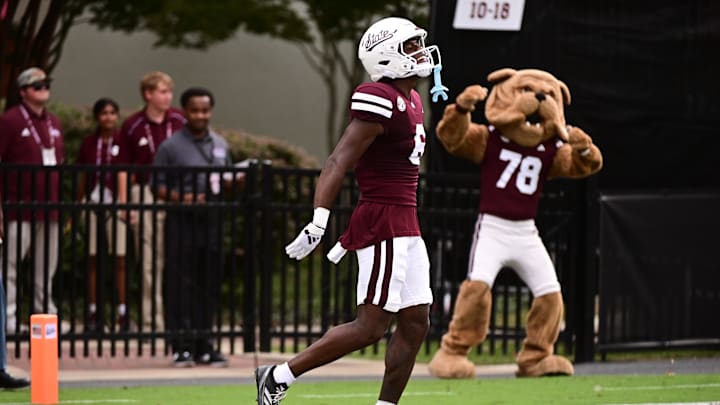 Aug 31, 2024; Starkville, Mississippi, USA;  Mississippi State Bulldogs wide receiver Jordan Mosley (6) reacts after a touchdown against the Eastern Kentucky Colonels during the first quarter at Davis Wade Stadium at Scott Field. Mandatory Credit: Matt Bush-USA TODAY Sports