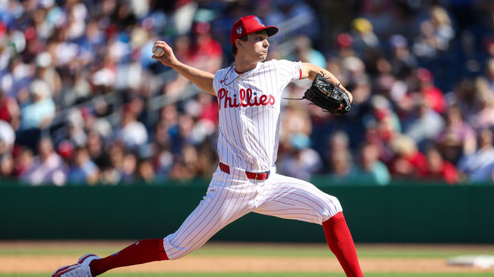 Feb 25, 2024; Clearwater, Florida, USA;  Philadelphia Phillies pitcher Mick Abel (74) throws a pitch against the New York Yankees in the sixth inning  at BayCare Ballpark. 