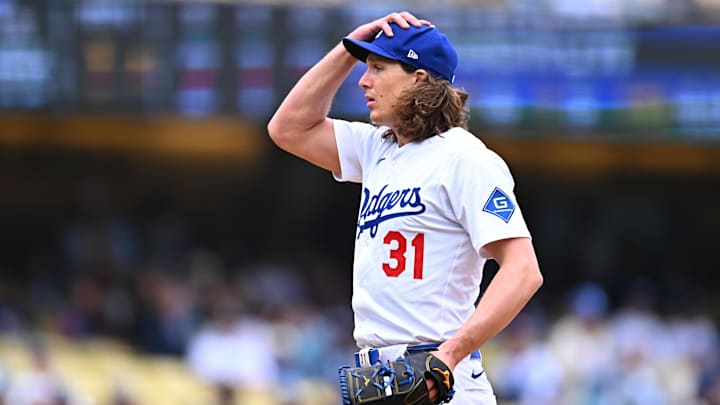 Apr 27, 2025; Los Angeles, California, USA; Los Angeles Dodgers pitcher Tyler Glasnow (31) reacts after a pitch during the first inning against the Pittsburgh Pirates at Dodger Stadium. Mandatory Credit: Jonathan Hui-Imagn Images Apr 27, 2025; Los Angeles, California, USA; Los Angeles Dodgers pitcher Tyler Glasnow (31) reacts after a pitch during the first inning against the Pittsburgh Pirates at Dodger Stadium. Mandatory Credit: Jonathan Hui-Imagn Images