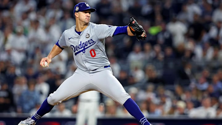Oct 30, 2024; New York, New York, USA; Los Angeles Dodgers pitcher Jack Flaherty (0) pitches during the first inning against the New York Yankees in game four of the 2024 MLB World Series at Yankee Stadium. Oct 30, 2024; New York, New York, USA; Los Angeles Dodgers pitcher Jack Flaherty (0) pitches during the first inning against the New York Yankees in game four of the 2024 MLB World Series at Yankee Stadium.