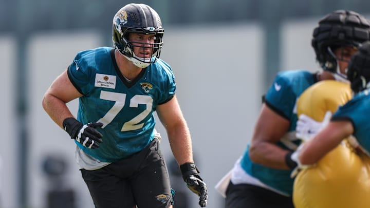 Jul 26, 2024; Jacksonville, FL, USA; Jacksonville Jaguars offensive tackle Walker Little (72) participates in training camp at Miller Electric Center. Mandatory Credit: Nathan Ray Seebeck-Imagn Images