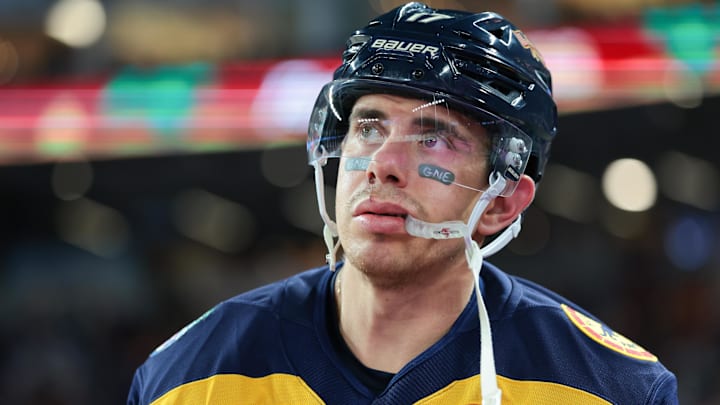 Jan 2, 2026; Miami, Florida, USA; Florida Panthers center Evan Rodrigues (17) looks on prior to the third period in the 2026 Winter Classic ice hockey game against the New York Rangers at loanDepot Park. Mandatory Credit: Sam Navarro-Imagn Images