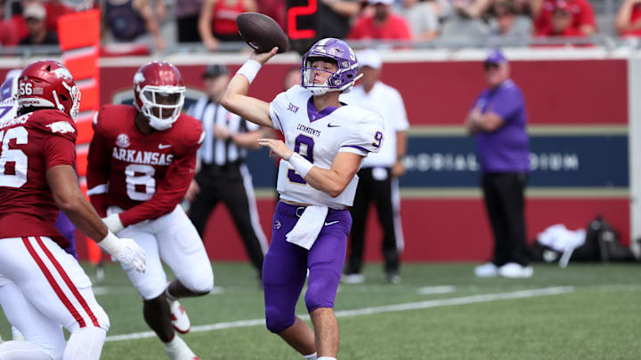 Sep 2, 2023; Little Rock, Arkansas, USA; Western Carolina Catamounts quarterback Cole Gonzales (9) passes in the third quarter against the Arkansas Razorbacks at War Memorial Stadium. Arkansas won 56-13. Mandatory Credit: Nelson Chenault-Imagn Images