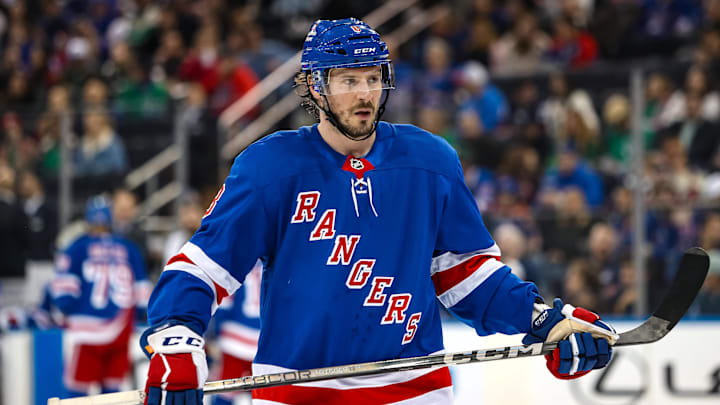 Mar 16, 2025; New York, New York, USA; New York Rangers center J.T. Miller (8) skates against the Edmonton Oilers during the first period at Madison Square Garden. Mandatory Credit: Danny Wild-Imagn Images