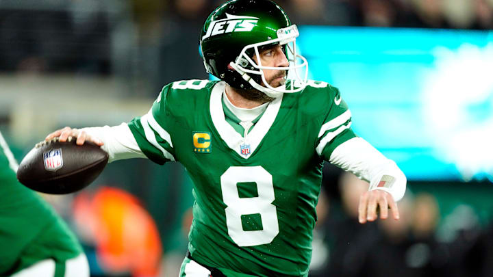 New York Jets quarterback Aaron Rodgers (8) may have played his last game for Gang Green, Sunday January 5, 2025, in East Rutherford.