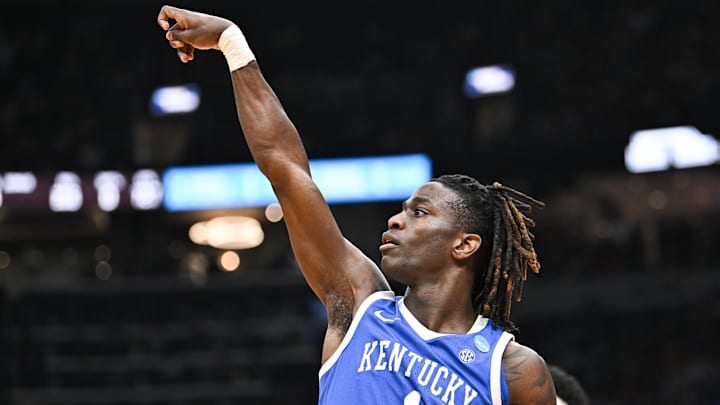 Mar 22, 2026; St. Louis, MO, USA; Kentucky Wildcats guard Denzel Aberdeen (1) watches his shot during the first half against the Iowa State Cyclones during a second round game of the men's 2026 NCAA Tournament at Enterprise Center. Mandatory Credit: Jeff Le-Imagn Images Mar 22, 2026; St. Louis, MO, USA; Kentucky Wildcats guard Denzel Aberdeen (1) watches his shot during the first half against the Iowa State Cyclones during a second round game of the men's 2026 NCAA Tournament at Enterprise Center. Mandatory Credit: Jeff Le-Imagn Images