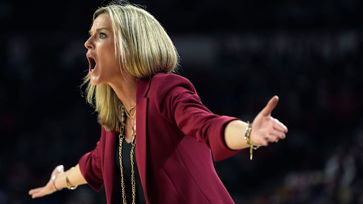 Oklahoma coach Jennie Baranczyk reacts during an NCAA women's basketball game between the Sooners and the LSU Tigers at Lloyd Noble Center in Norman, Okla., Sunday, Jan. 18, 2026. LSU won 91-72.