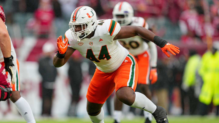 Sep 23, 2023; Philadelphia, Pennsylvania, USA; Miami Hurricanes defensive lineman Rueben Bain Jr. (44) rushes in the second half against the Temple Owls at Lincoln Financial Field. Mandatory Credit: Andy Lewis-USA TODAY Sports Sep 23, 2023; Philadelphia, Pennsylvania, USA; Miami Hurricanes defensive lineman Rueben Bain Jr. (44) rushes in the second half against the Temple Owls at Lincoln Financial Field. Mandatory Credit: Andy Lewis-USA TODAY Sports