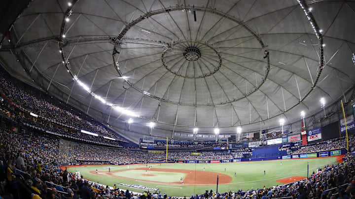 Oct 8, 2021; St. Petersburg, Florida, USA; A view of the field and the fans and the ballpark roof during the sixth inning between the Tampa Bay Rays and the Boston Red Sox in game two of the 2021 ALDS at Tropicana Field. Mandatory Credit: Kim Klement-Imagn Images