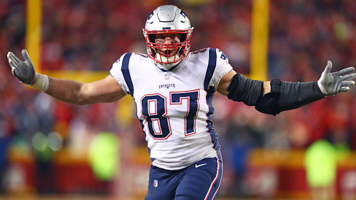 Jan 20, 2019; Kansas City, MO, USA; New England Patriots tight end Rob Gronkowski (87) reacts against the Kansas City Chiefs in the AFC Championship game at Arrowhead Stadium. Mandatory Credit: Mark J. Rebilas-Imagn Images