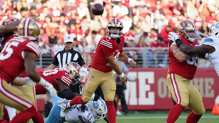 Aug 13, 2026; Santa Clara, California, USA; San Francisco 49ers quarterback Kurtis Rourke (14) throws a pass to San Francisco 49ers wide receiver De'zhaun Stribling (15) during a game against the Tennessee Titans in the first quarter at Levi's Stadium. Mandatory Credit: David Gonzales-Imagn Images Aug 13, 2026; Santa Clara, California, USA; San Francisco 49ers quarterback Kurtis Rourke (14) throws a pass to San Francisco 49ers wide receiver De'zhaun Stribling (15) during a game against the Tennessee Titans in the first quarter at Levi's Stadium. Mandatory Credit: David Gonzales-Imagn Images