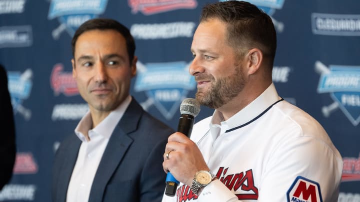 Nov 10, 2023; Cleveland, OH, USA;  Cleveland Guardians manager Stephen Vogt, right, talks to the media as president of baseball operations Chris Antonetti looks on during an introductory press conference at Progressive Field. Mandatory Credit: Ken Blaze-USA TODAY Sports
