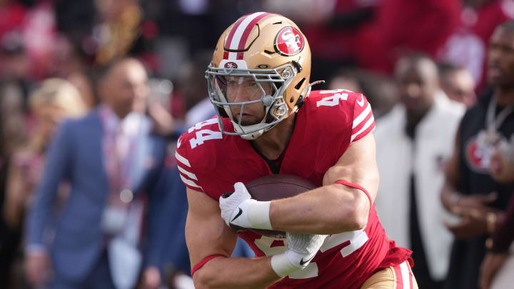 Dec 10, 2023; Santa Clara, California, USA; San Francisco 49ers fullback Kyle Juszczyk (44) warms up before the game against the Seattle Seahawks at Levi's Stadium. Mandatory Credit: Darren Yamashita-USA TODAY Sports