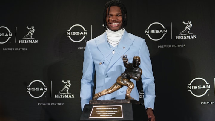 Dec 14, 2024; New York, NY, USA; Colorado Buffaloes wide receiver/cornerback Travis Hunter poses for a photo during a press conference before the 2024 Heisman Trophy Presentation. Mandatory Credit: Lucas Boland-Imagn Images