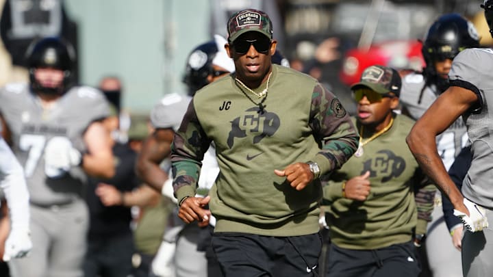 Nov 11, 2023; Boulder, Colorado, USA; Colorado Buffaloes head coach Deion Sanders before the game against the Arizona Wildcats at Folsom Field. Mandatory Credit: Ron Chenoy-Imagn Images