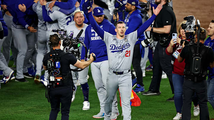 Oct 30, 2024; New York, NY, USA; Los Angeles Dodgers pitcher Walker Buehler (21) celebrates after the Los Angeles Dodgers beat the New York Yankees in Game 5 to win the 2024 Imagn Images World Series at New York.