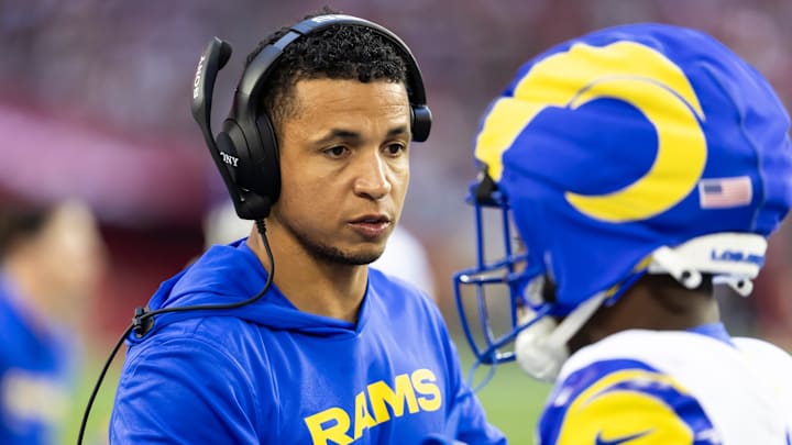 Dec 7, 2025; Glendale, Arizona, USA; Los Angeles Rams  pass game coordinator Nate Scheelhaase against the Arizona Cardinals at State Farm Stadium. Mandatory Credit: Mark J. Rebilas-Imagn Images