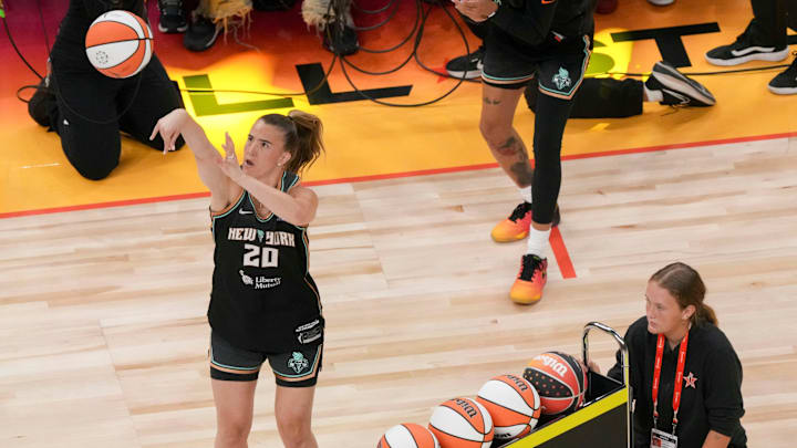 New York Liberty guard Sabrina Ionescu competes during the WNBA All-Star 3-point contest at Gainbridge Fieldhouse in Indianapolis on July 18, 2025.