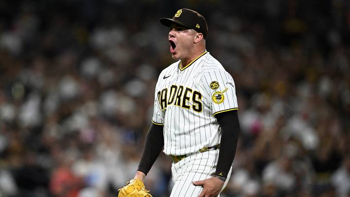 Sep 19, 2026; San Diego, California, USA; San Diego Padres pitcher Adrian Morejon (50) reacts after pitching during the seventh inning against the Miami Marlins at Petco Park. Mandatory Credit: Denis Poroy-Imagn Images Sep 19, 2026; San Diego, California, USA; San Diego Padres pitcher Adrian Morejon (50) reacts after pitching during the seventh inning against the Miami Marlins at Petco Park. Mandatory Credit: Denis Poroy-Imagn Images