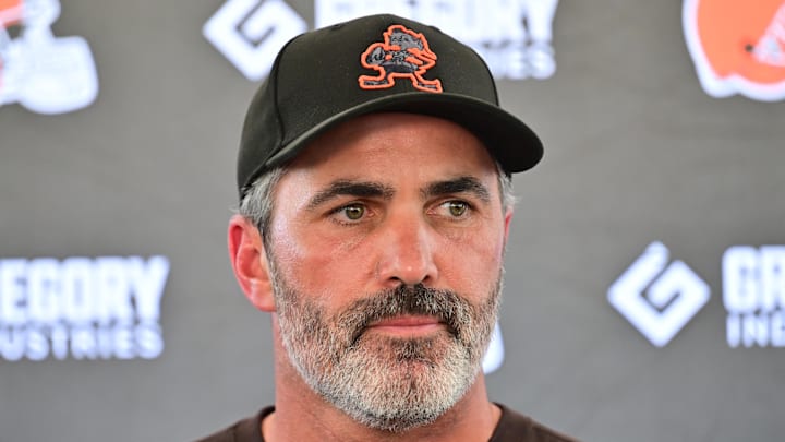 Jul 23, 2025; Berea, OH, USA; Cleveland Browns head coach Kevin Stefanski talks to the media during training camp at CrossCountry Mortgage Campus. Mandatory Credit: Ken Blaze-Imagn Images