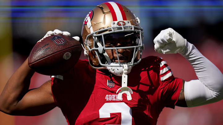 Oct 20, 2024; Santa Clara, California, USA; San Francisco 49ers cornerback Deommodore Lenoir (2) flexes before the start of the game against the Kansas City Chiefs at Levi's Stadium. Mandatory Credit: Cary Edmondson-Imagn Images