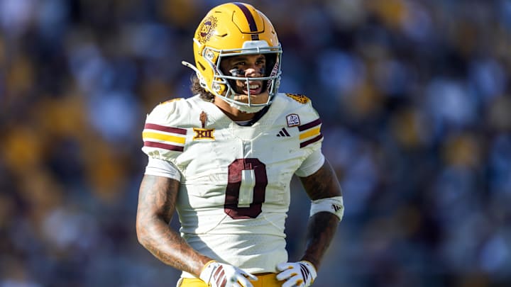 Oct 18, 2025; Tempe, Arizona, USA; Arizona State Sun Devils wide receiver Jordyn Tyson (0) against the Texas Tech Red Raiders at Mountain America Stadium. Mandatory Credit: Mark J. Rebilas-Imagn Images