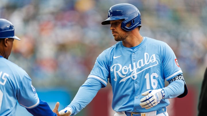 Apr 27, 2025; Kansas City, Missouri, USA; Kansas City Royals outfielder Hunter Renfroe (16) on first base during the eighth inning against the Houston Astros at Kauffman Stadium. Mandatory Credit: William Purnell-Imagn Images Apr 27, 2025; Kansas City, Missouri, USA; Kansas City Royals outfielder Hunter Renfroe (16) on first base during the eighth inning against the Houston Astros at Kauffman Stadium. Mandatory Credit: William Purnell-Imagn Images