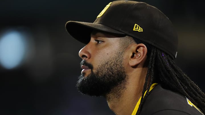 Apr 21, 2026; Denver, Colorado, USA; San Diego Padres right fielder Fernando Tatis Jr. (23) during the seventh inning against the Colorado Rockies at Coors Field. Mandatory Credit: Ron Chenoy-Imagn Images