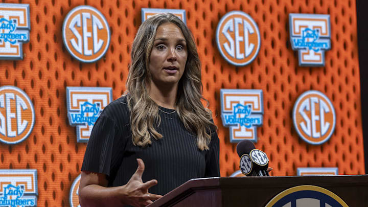 Oct 15, 2025; Birmingham, AL, USA; Tennessee Volunteers head coach Kim Caldwell talks with the media during SEC Media Days at Grand Bohemian Hotel. Mandatory Credit: Vasha Hunt-Imagn Images Oct 15, 2025; Birmingham, AL, USA; Tennessee Volunteers head coach Kim Caldwell talks with the media during SEC Media Days at Grand Bohemian Hotel. Mandatory Credit: Vasha Hunt-Imagn Images