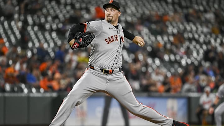 Sep 17, 2024; Baltimore, Maryland, USA; San Francisco Giants pitcher Blake Snell (7) throws a second inning pitch against the Baltimore Orioles at Oriole Park at Camden Yards. Sep 17, 2024; Baltimore, Maryland, USA; San Francisco Giants pitcher Blake Snell (7) throws a second inning pitch against the Baltimore Orioles at Oriole Park at Camden Yards.