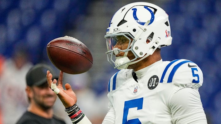 Indianapolis Colts quarterback Anthony Richardson Sr. (5) spins the ball on his finger Sunday, Sept. 14, 2025, ahead of the game against the Denver Broncos at Lucas Oil Stadium in Indianapolis.