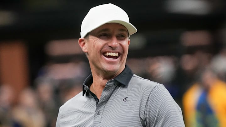 Oct 5, 2025; New Orleans, Louisiana, USA; Former New Orleans Saints quarterback Drew Brees smiles prior to the game against the New York Giants at Caesars Superdome. Mandatory Credit: Matthew Hinton-Imagn Images