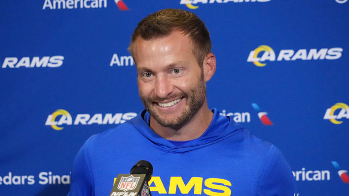 Oct 19, 2025; London, United Kingdom; Los Angeles Rams head coach Sean McVay at a press conference after a NFL International Series game against the Jacksonville Jaguars at Wembley Stadium. Mandatory Credit: Kirby Lee-Imagn Images