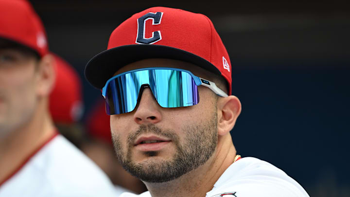 Apr 3, 2026; Cleveland, Ohio, USA; Cleveland Guardians first baseman CJ Kayfus (2) before the game between the Guardians and the Chicago Cubs at Progressive Field. Apr 3, 2026; Cleveland, Ohio, USA; Cleveland Guardians first baseman CJ Kayfus (2) before the game between the Guardians and the Chicago Cubs at Progressive Field.