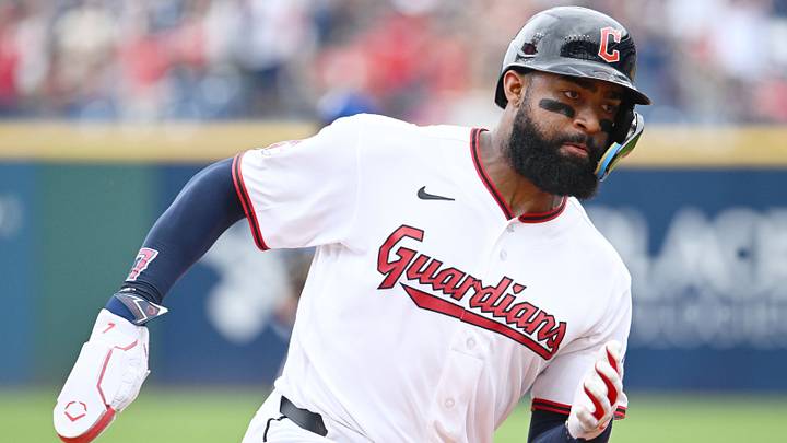 Aug 30, 2026: Cleveland Guardians left fielder Jo Adell (7) rounds third base en route to scoring during the first inning against the Kansas City Royals at Progressive Field. Credit: Ken Blaze-Imagn Images