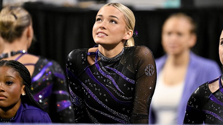 LSU Tigers gymnast Livvy Dunne cheers for the Tigers during the 2025 Women's National Gymnastics Semifinal at Dickies Arena. LSU Tigers gymnast Livvy Dunne cheers for the Tigers during the 2025 Women's National Gymnastics Semifinal at Dickies Arena.
