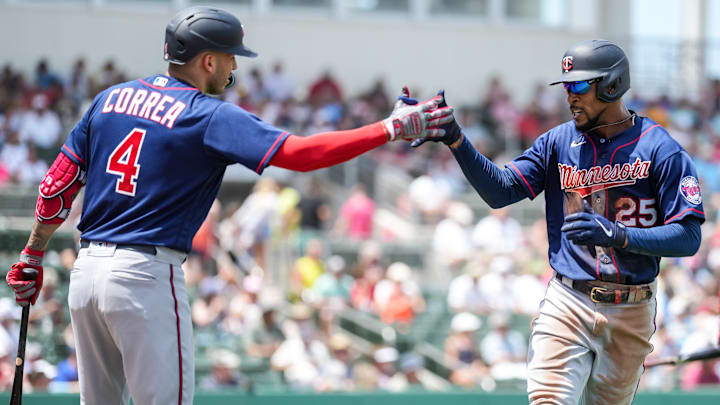 Carlos Correa y Byron Buxton en un partido de los Mellizos de Minnesota en el Spring Training