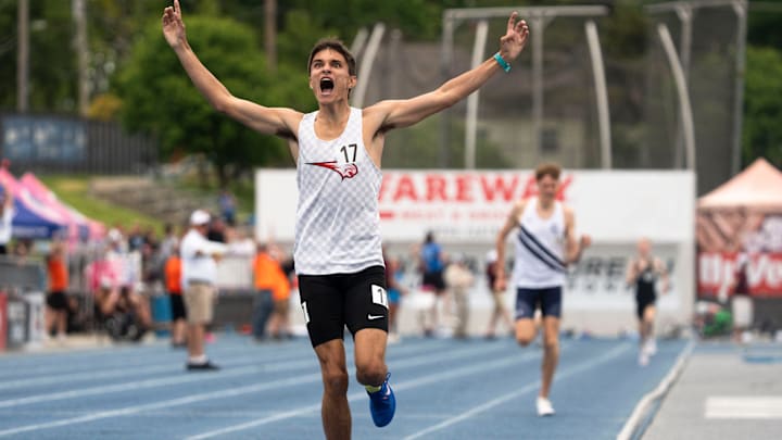 Western Dubuque's Quentin Nauman reacts as he crosses the finish line in the 3A 1600 meter final during the 2025 Iowa high school state track and field meet at Drake Stadium on May 24, 2025, in Des Moines.