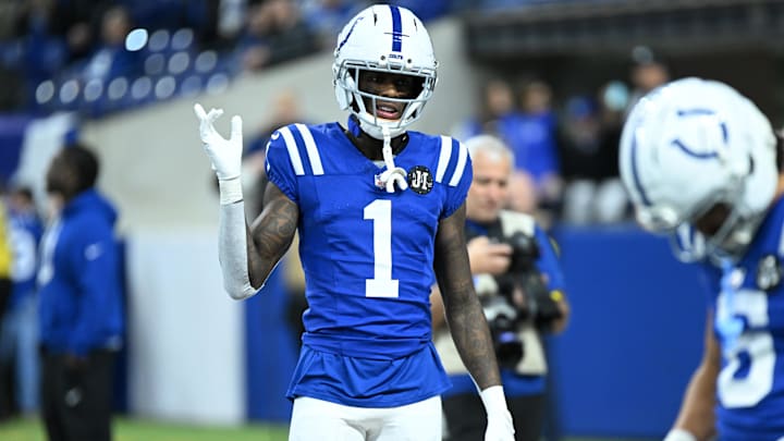 Nov 30, 2025; Indianapolis, Indiana, USA; Indianapolis Colts cornerback Sauce Gardner (1) warms up before a game against the Houston Texans at Lucas Oil Stadium. Mandatory Credit: Robert Goddin-Imagn Images