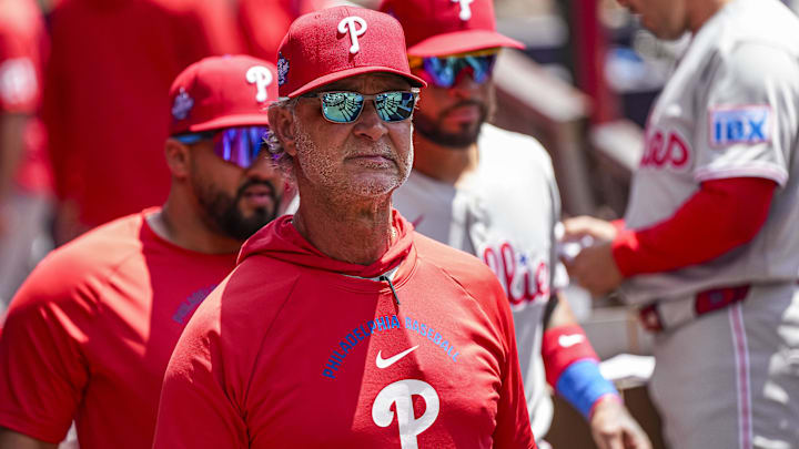 Apr 26, 2026; Cumberland, Georgia, USA; Philadelphia Phillies bench coach Don Mattingly (8) in the dugout during the game against the Atlanta Braves at Truist Park.