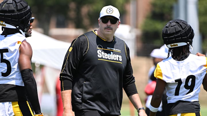 Jul 28, 2024; Latrobe, PA, USA; Pittsburgh Steelers offensive coordinator Arthur Smith participates in drills during training camp at Saint Vincent College. Mandatory Credit: Barry Reeger-Imagn Images