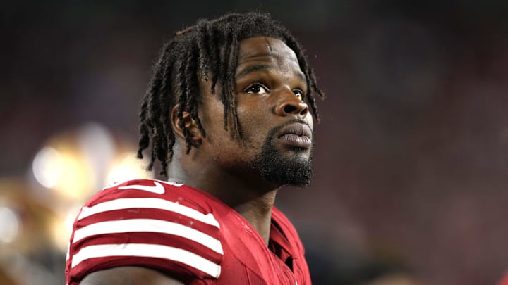 Oct 8, 2023; Santa Clara, California, USA; San Francisco 49ers linebacker Dre Greenlaw (57) during the fourth quarter against the Dallas Cowboys at Levi's Stadium. Mandatory Credit: Darren Yamashita-Imagn Images Oct 8, 2023; Santa Clara, California, USA; San Francisco 49ers linebacker Dre Greenlaw (57) during the fourth quarter against the Dallas Cowboys at Levi's Stadium. Mandatory Credit: Darren Yamashita-Imagn Images