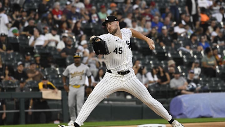 Sep 13, 2024; Chicago, Illinois, USA;  Chicago White Sox pitcher Garrett Crochet (45) delivers against the Oakland Athletics during the first inning at Guaranteed Rate Field.