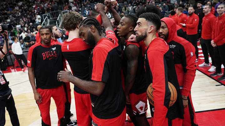Jan 31, 2025; Toronto, Ontario, CAN: The Chicago Bulls players huddle before the start of a game against the Toronto Raptors at Scotiabank Arena. Mandatory Credit: Nick Turchiaro-Imagn Images