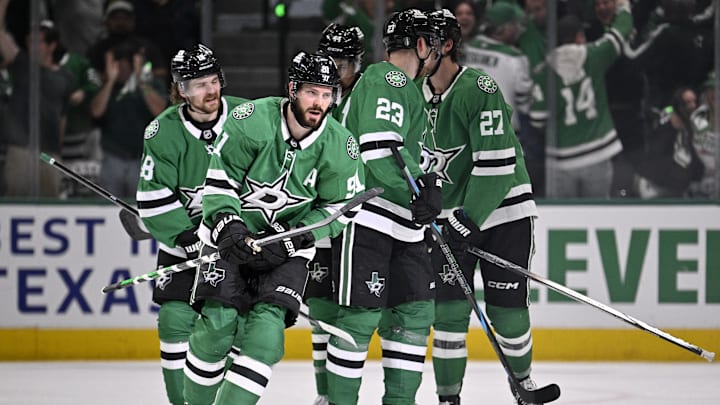 May 21, 2025; Dallas, Texas, USA; Dallas Stars center Tyler Seguin (91) reacts after scoring a goal against Edmonton Oilers in the first period during game one of the Western Conference Final of the 2025 Stanley Cup Playoffs at American Airlines Center. Mandatory Credit: Jerome Miron-Imagn Images