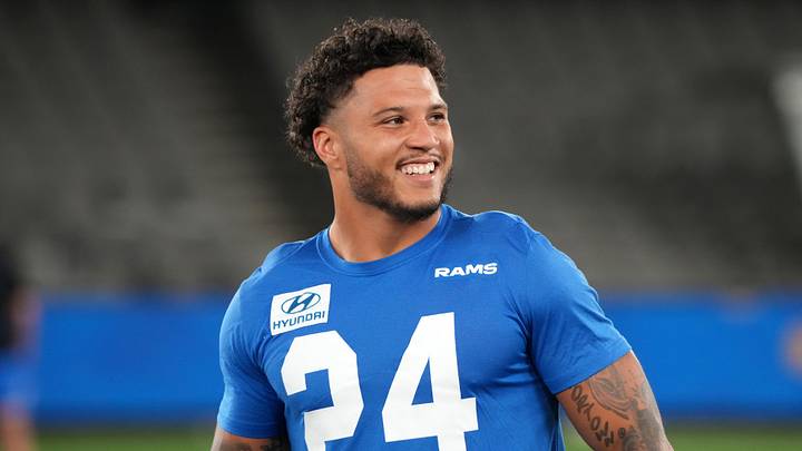 Sep 10, 2026; Melbourne, Victoria, Australia; Los Angeles Rams running back Blake Corum (24) during practice at Marvel Stadium. Sep 10, 2026; Melbourne, Victoria, Australia; Los Angeles Rams running back Blake Corum (24) during practice at Marvel Stadium.