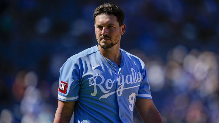 May 7, 2026; Kansas City, Missouri, USA; Kansas City Royals first baseman Vinnie Pasquantino (9) reacts during the eighth inning against the Cleveland Guardians at Kauffman Stadium. Mandatory Credit: Jay Biggerstaff-Imagn Images May 7, 2026; Kansas City, Missouri, USA; Kansas City Royals first baseman Vinnie Pasquantino (9) reacts during the eighth inning against the Cleveland Guardians at Kauffman Stadium. Mandatory Credit: Jay Biggerstaff-Imagn Images