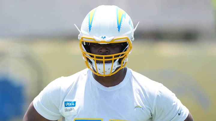 May 27, 2025; El Segundo, CA, USA; Los Angeles Chargers guard Zion Johnson (77) during organized team activities at The Bolt. Mandatory Credit: Kirby Lee-Imagn Images May 27, 2025; El Segundo, CA, USA; Los Angeles Chargers guard Zion Johnson (77) during organized team activities at The Bolt. Mandatory Credit: Kirby Lee-Imagn Images