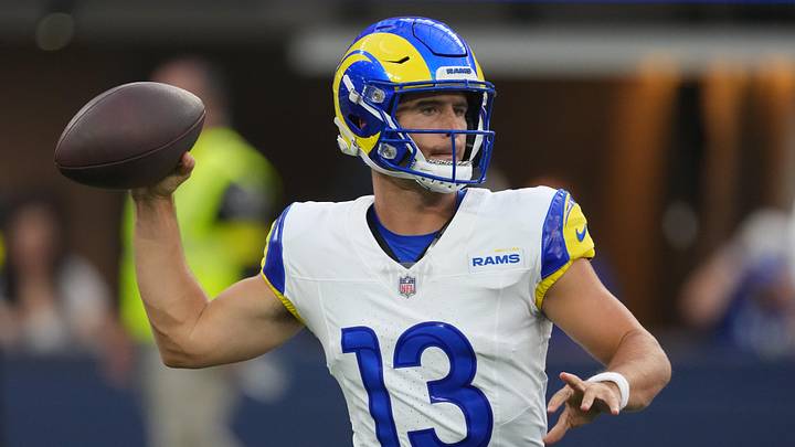 Aug 16, 2025; Inglewood, California, USA; Los Angeles Rams quarterback Stetson Bennett IV (13) throws in the second half against the Los Angeles Chargers at SoFi Stadium. Mandatory Credit: Kirby Lee-Imagn Images