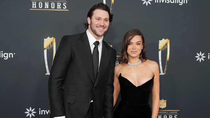 Josh Allen and Hailee Steinfeld on the red carpet before Super Bowl LIX NFL Honors at Saenger Theatre.